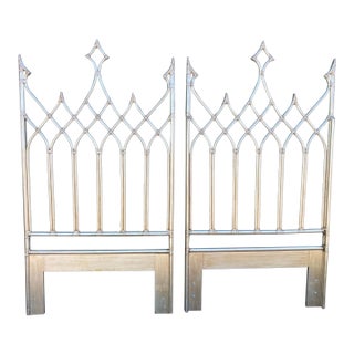 Vintage Pair of McGuire Hollywood Regency Gothic Style Bamboo Twin Headboards in Antique Silver For Sale