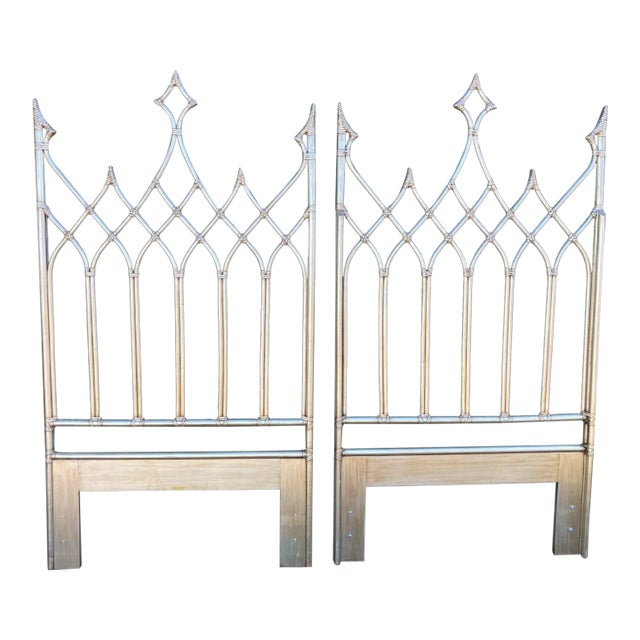 Vintage Pair of McGuire Hollywood Regency Gothic Style Bamboo Twin Headboards in Antique Silver For Sale