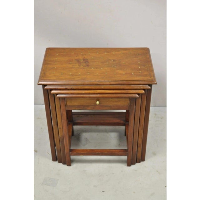 Antique Anglo Indian Brass Marquetry Inlay Nesting Side End Tables - Set of 4. Item features brass floral and scrollwork...