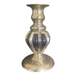 Vintage Silver Plate and Cobalt Blue Glass Candle Stick For Sale