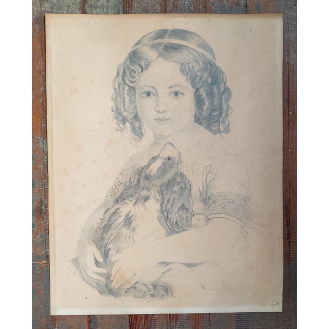 19th Century English or American Pencil Portrait Drawing of a Girl and Her Dog For Sale - Image 15 of 17