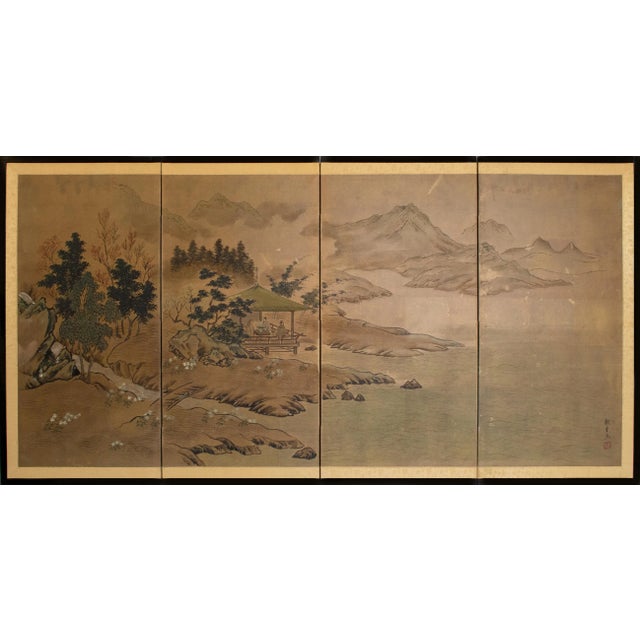 1960s Shōwa Era Japanese Byobu Screen "Landscape With Gazebo" For Sale - Image 17 of 17