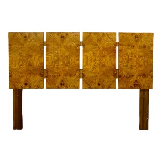 Mid Century Milo Baughman Style Burled Olive Wood Queen Size Headboard For Sale