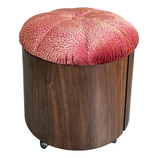 Mid-Century Modern Leopard Print Velvet and Teak Pouf, Italy, 1970s For Sale