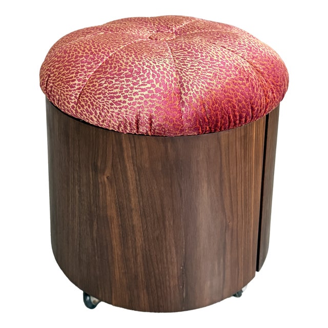 Mid-Century Modern Leopard Print Velvet and Teak Pouf, Italy, 1970s For Sale