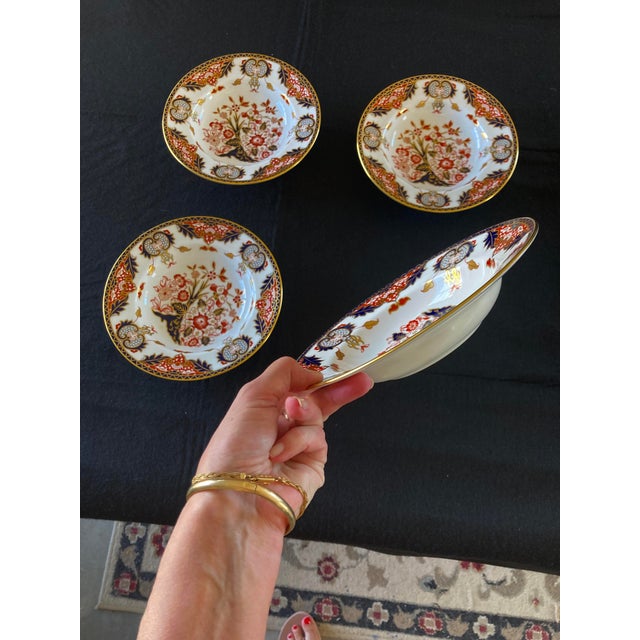 Set of four Imari style pattern "Japanese Derby" by Royal Crown Derby. Fine English bone china and 22k gold detailing.