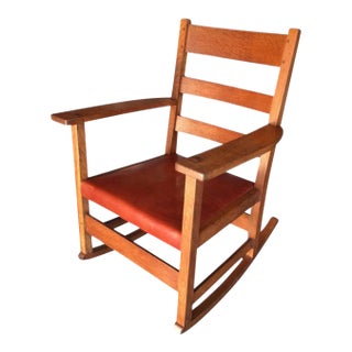 L & J. G. Stickley Oak Rocking Chair With Cognac Saddle Leather Covered Seat, Circa 1912 - 1920 For Sale