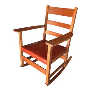 L & J. G. Stickley Oak Rocking Chair With Cognac Saddle Leather Covered Seat, Circa 1912 - 1920