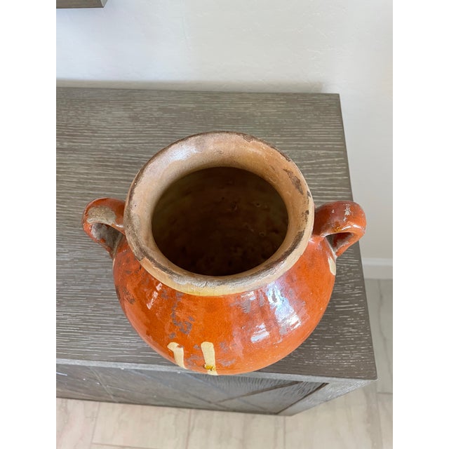 Ceramic 19th Century Two-Handle Terracota Vessel Pot Dark Rust Glaze With Golden Stripes and Rim For Sale - Image 7 of 12