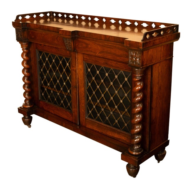 Antique Scottish Regency Rosewood Credenza Barley Twist & Brass Grilles Bookcase For Sale - Image 4 of 15