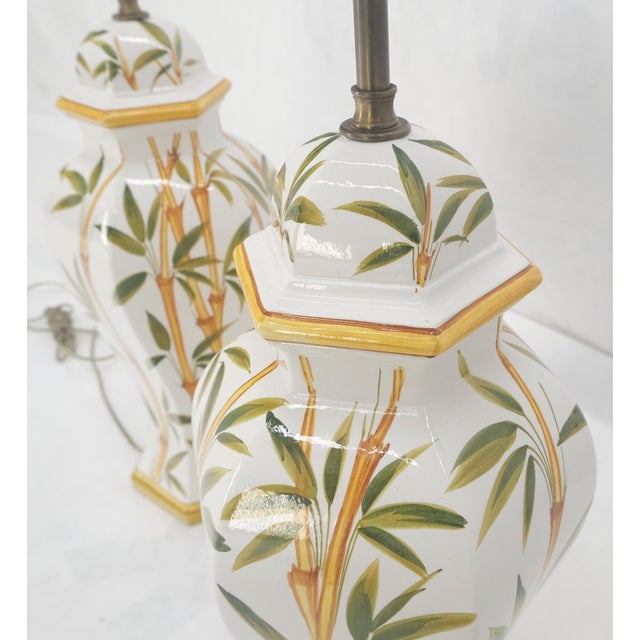 Ceramic Pair of Porcelain Pottery Ceramic Hexagon Base Onion Shape Lamps Bamboo Motive For Sale - Image 7 of 12