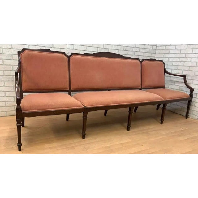 Vintage Federal Style Extra Long Hall Bench An elegant vintage federal style carved wood frame triple hall bench with 10...