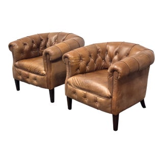 Restoration Hardware 1930's English Tufted Leather Tub Chairs, Pair For Sale