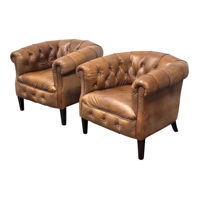 Restoration Hardware 1930's English Tufted Leather Tub Chairs, Pair For Sale