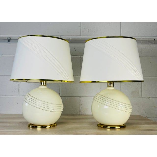 Vintage 1970s Cream & Gold Round Table Lamps, Pair For Sale - Image 11 of 11