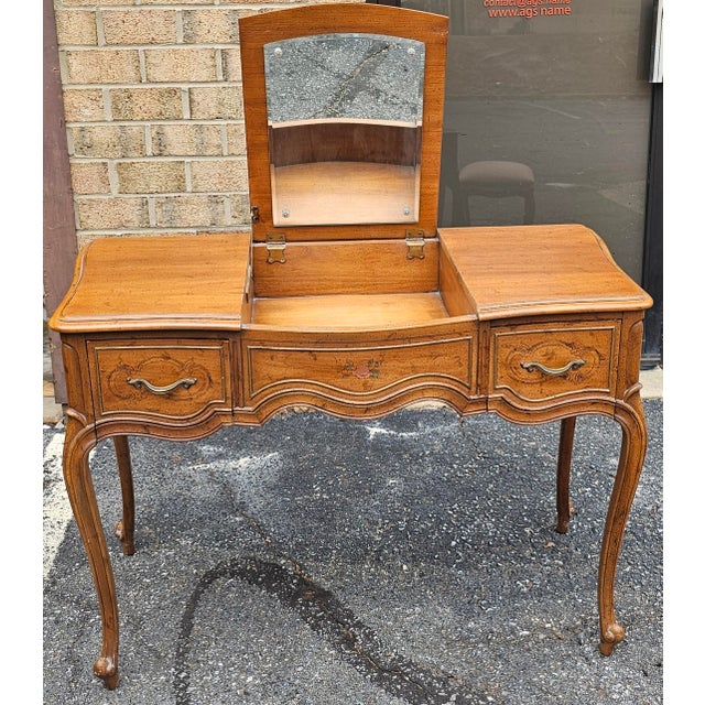 Drexel Drexel French Provincial Style Walnut Mirrored Vanity Table With Bench - Set of 2 For Sale - Image 4 of 12