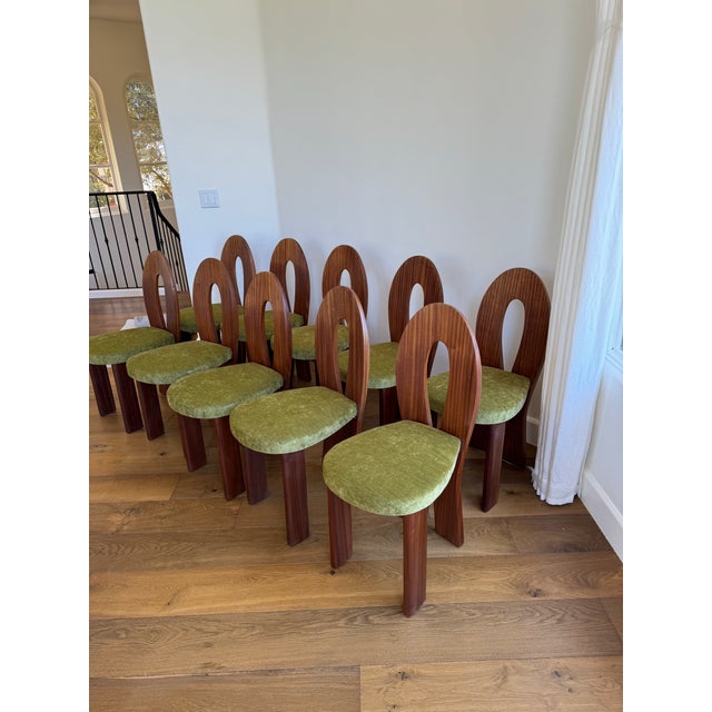 10 like new lightly used Giancarlo Valle dining chairs in Vintage moss and mahogany wood. Original owner with receipt.