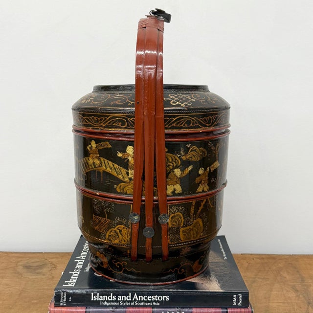 Black & Red Stacked Handpainted Wooden Basket with Handle For Sale - Image 11 of 18