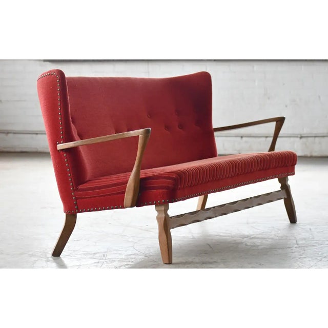 Mid-Century Modern Danish 1940's Bench-Style Settee in Carved Oak With Open Armrests For Sale - Image 3 of 11