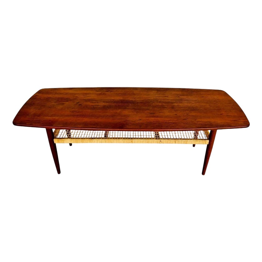 Vintage Danish Teak Coffee Table with Woven Rattan Magazine Shelf ...