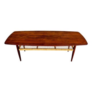 Vintage Danish Teak Coffee Table with Woven Rattan Magazine Shelf, 1960s For Sale