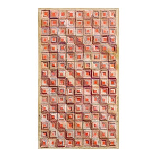 1920s Multicolor Diamond Folk Art Antique American Hooked Rug 4' X 7' Hand Knotted Wool Carpet For Sale