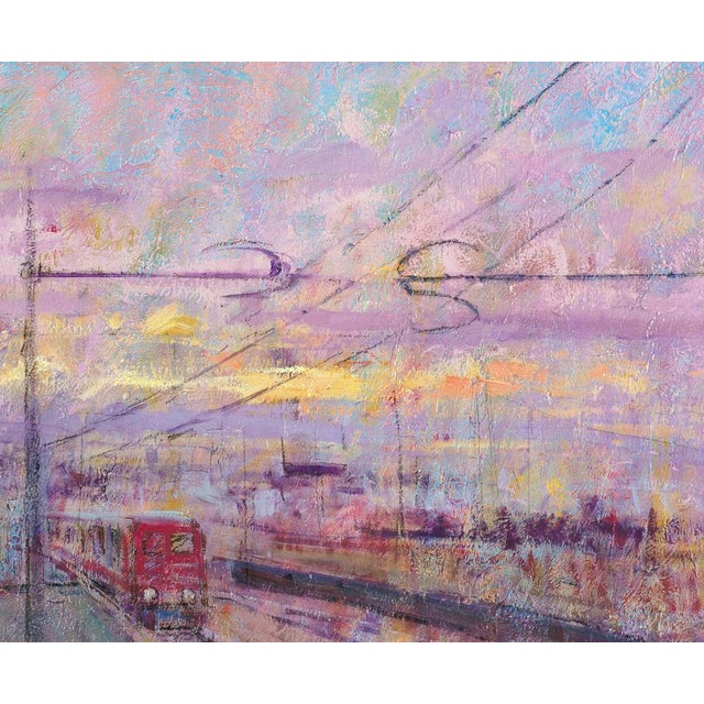 A large-scale contemporary figurative oil on canvas measuring 90 × 110 cm, “Il Treno” depicts an urban railway scene...