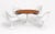 DESCRIPTION Sculptural mid-century modern dining set featuring four white tulip-style armchairs paired with an oval...