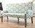 Elegant Transitional Robins Egg Blue Mandala Banquette, light wood distressed legs, showroom floor sample
