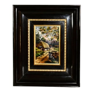 Vintage Signed French Limoges Painted Enamel Scene in Wood Frame For Sale