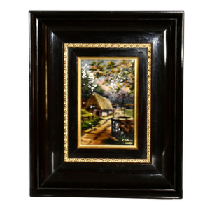 Vintage Signed French Limoges Painted Enamel Scene in Wood Frame