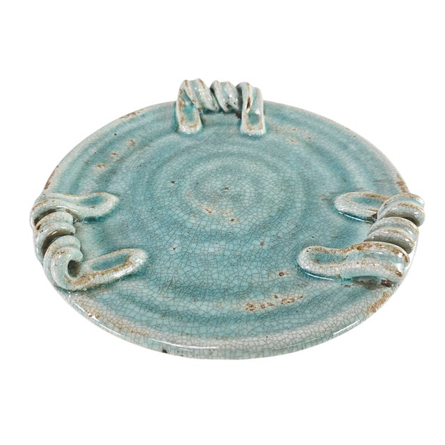 Handmade Studio Pottery Ceramic Turquoise Crackle Glaze Platter 10” For Sale - Image 4 of 7