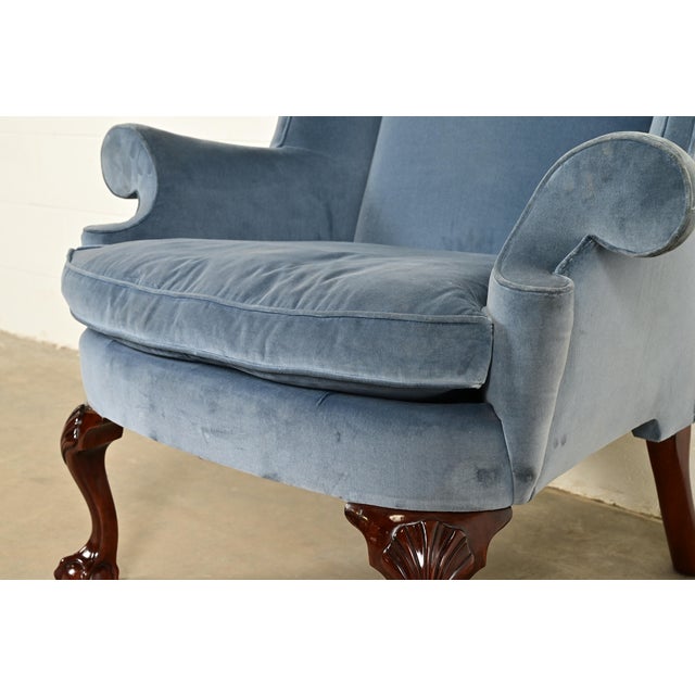 Wood Kindel Furniture Chippendale Carved Mahogany Blue Velvet Upholstered Wingback Lounge Chairs, Pair For Sale - Image 7 of 14