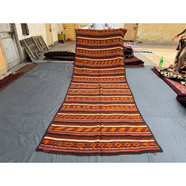 Orange Vintage Distressed Flat Weave Kilim Runner Rug, Earthy Red Orange Geometric Stripes Rug For Sale - Image 8 of 10