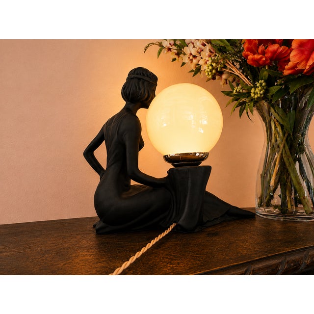 Art Deco Table Lamp with Female Sculpture and Opaline Globe, 1950s For Sale - Image 3 of 6