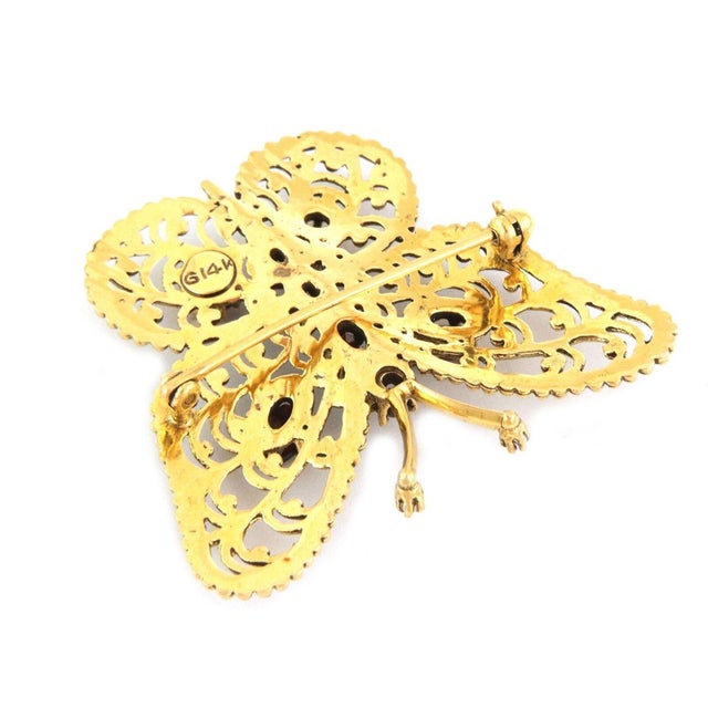 Vintage Garnet 14k Yellow Gold Filigree Butterfly Brooch For Sale - Image 4 of 5