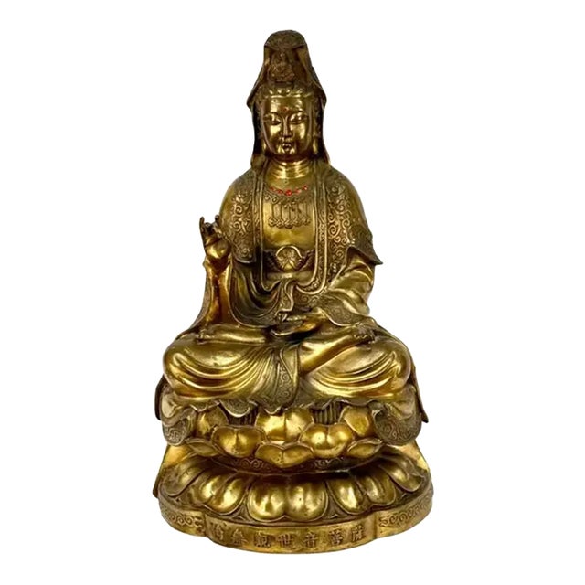 Chinese Gilt Guan Yin Buddha Bronze Sculpture For Sale