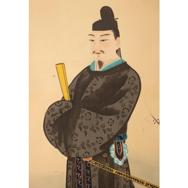 Early 20th Century XL Meiji or Early Showa Japanese Watercolor Scroll Painting, "Man in Kimono With a Sword" For Sale In Dallas - Image 6 of 12