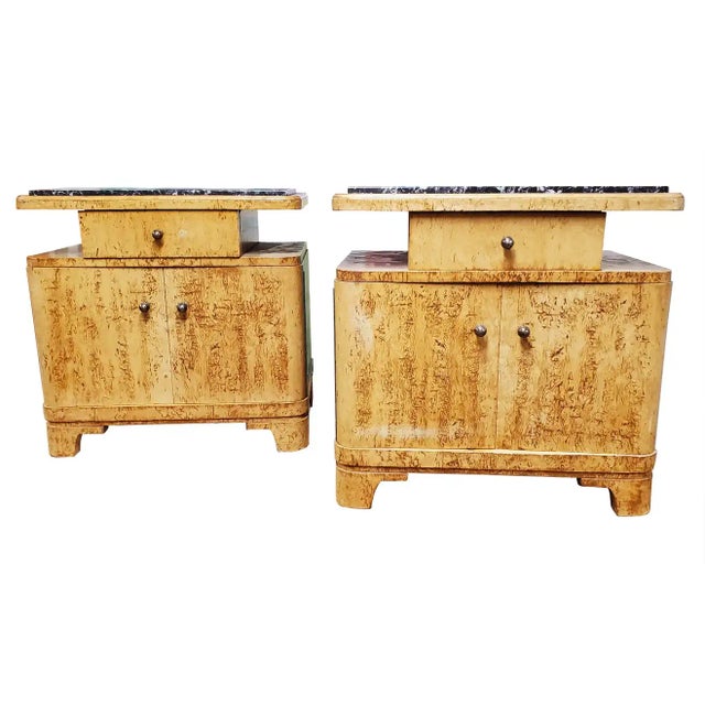 Pair of Mid-Century Art Deco Style Birdseye Maple Nightstands With Marble Tops For Sale - Image 13 of 13