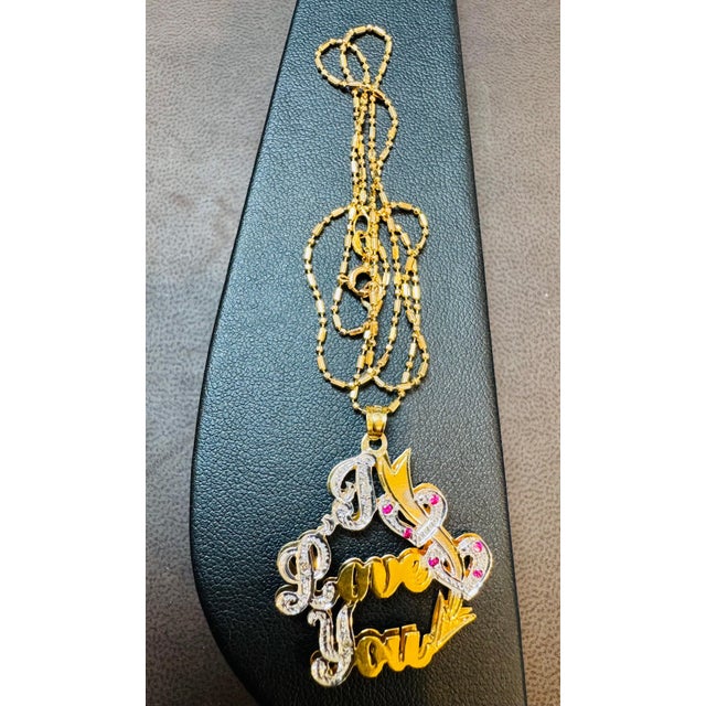 Vintage I Love You Pendant with Ruby in 14 K Yellow Gold Chain, 16" Long, 5.8gm For Sale - Image 18 of 18