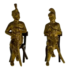 Miniature Early 20th Century Pair of Brass Military Soldiers Sitting on Chairs With Swords in Hand