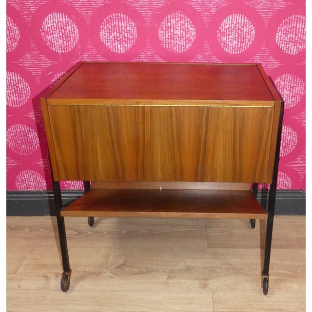 2 Tone Wooden Sewing Box on Casters Shelf in Black Walnut & Steel Tube, 1960s For Sale - Image 11 of 12