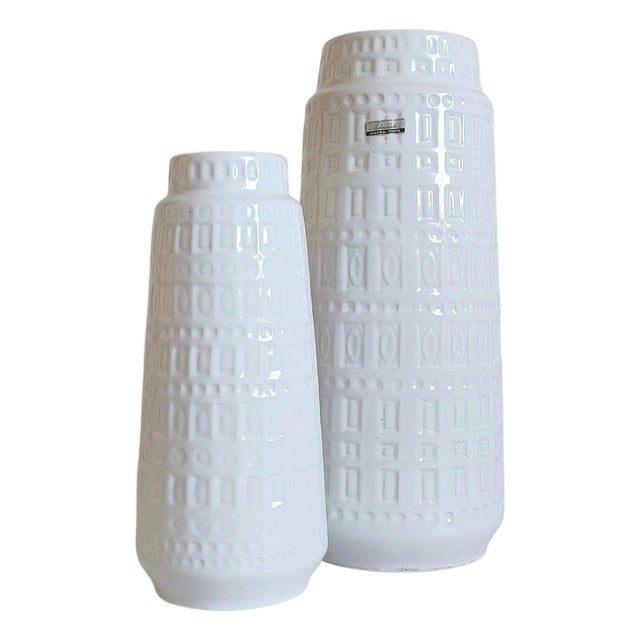 Mid-Century Modern West German White Glazed Ceramic Vases by Scheurich, 1950s, Set of 2 For Sale