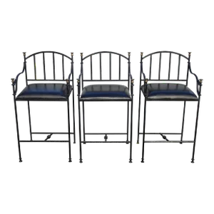 Set of Three Vintage Spanish Style Wrought Iron Bar Stools Barstools W Leather