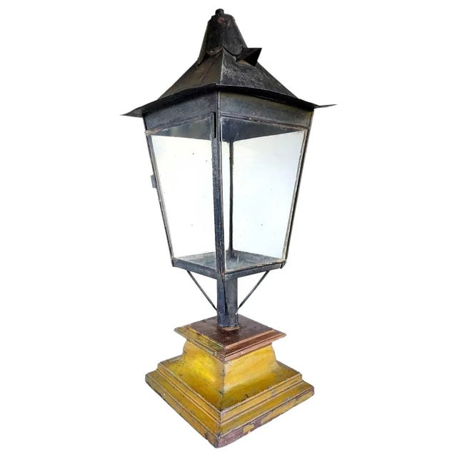 Late 19th Century English Black Toleware & Glass Post Lantern on Painted Teak Base For Sale - Image 10 of 10
