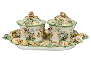 Antique French Porcelain Double Inkwells & Tray - Set of 3
