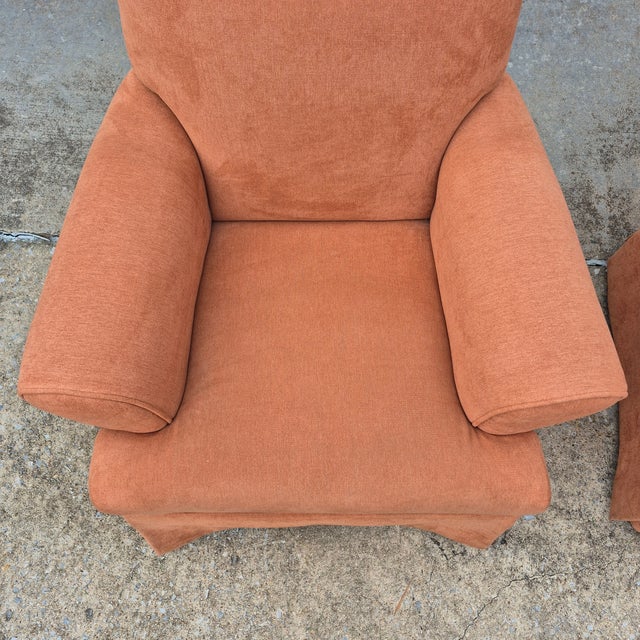 Vintage Square Back Rust Orange Upholstered Skirted Roll Arm Lounge Chairs - A Pair For Sale In Washington DC - Image 6 of 17