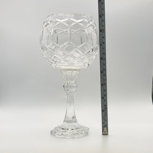 Glass Vintage Polish 24% Lead Crystal Candle Holder Goblet Hand Cut Diamond Pattern 9" For Sale - Image 7 of 11