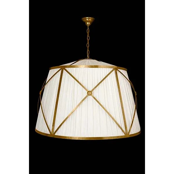 Aspire - Pleated linen drum shade fixture, cast brass crosshatched frame with medallion detail. Diffuser optional.