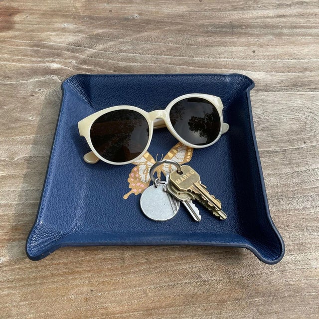 Transitional Butterfly Blue Leather Valet Tray For Sale - Image 3 of 4